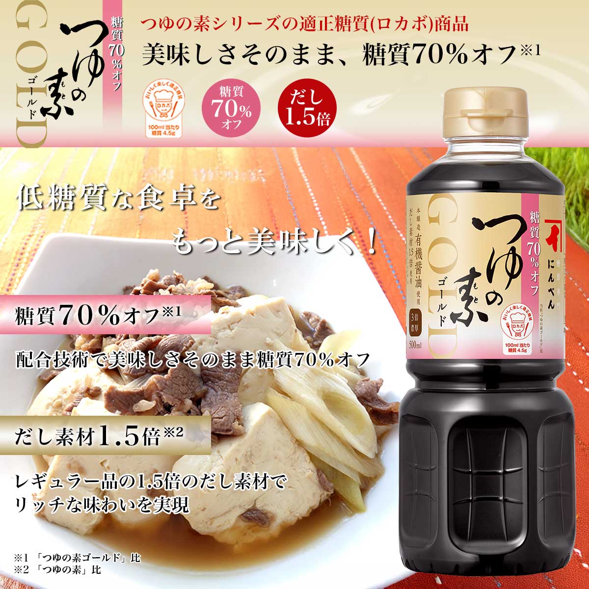 つゆの素シリーズから適正糖質(ロカボ)商品が新登場!配合技術で美味しさそのまま糖質70%オフしました。