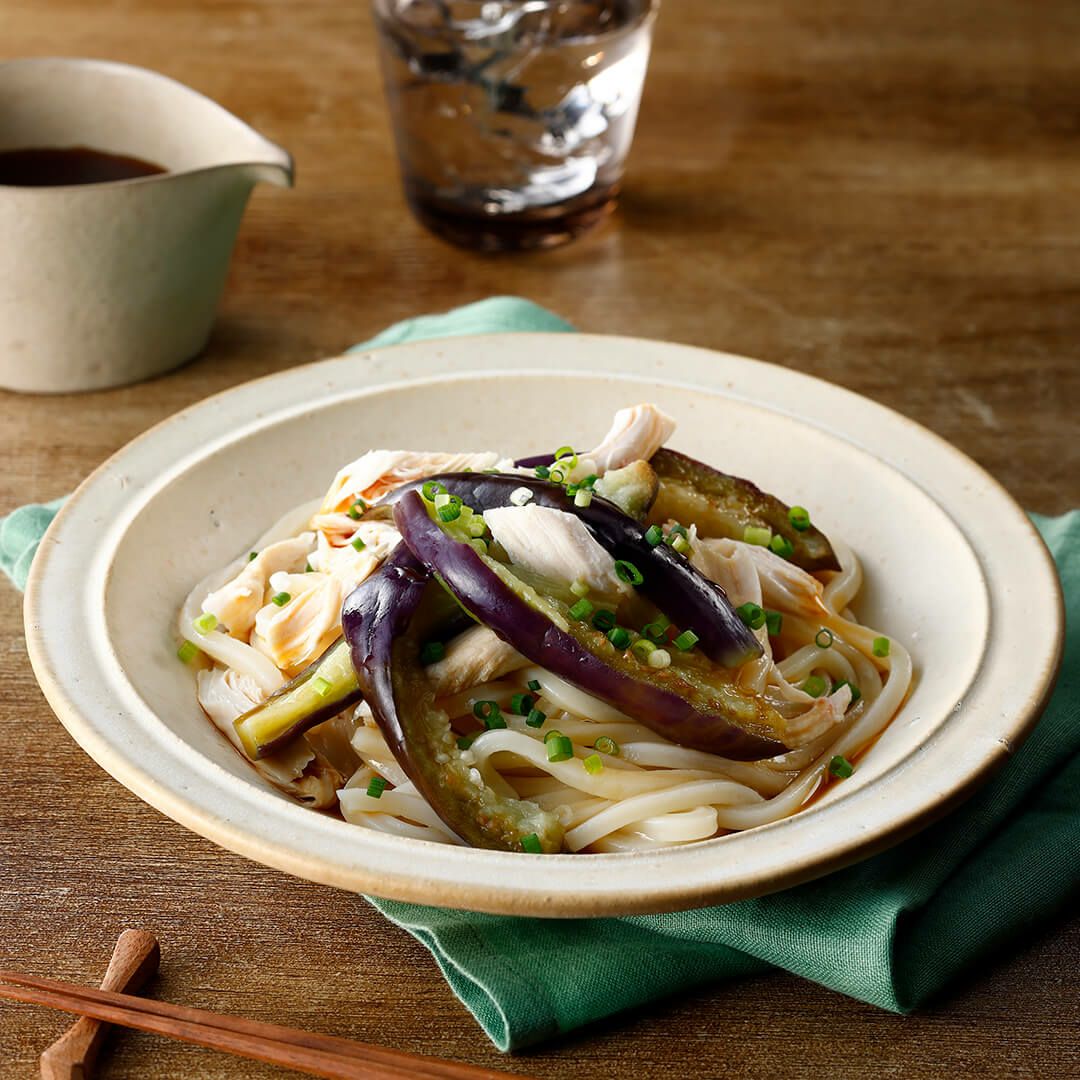 なすとささみのぶっかけうどん|柚子こしょうのさわやかな風味と鶏ささみで、さっぱり召し上がれます。