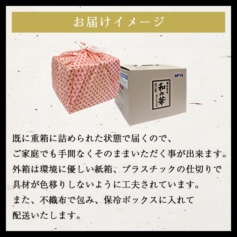 鰹節専門店のおせち｜和の華（なごみのはな）二段重（三人前）｜お届けイメージ